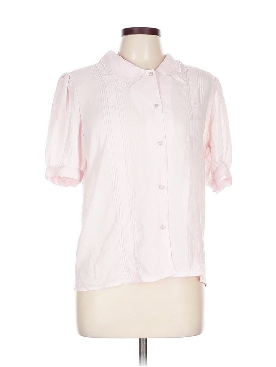 La Blouse Tops - Sheer Vintage Sz 12 Light Pink Button-Front Puff Sleeve Embroidered Blouse